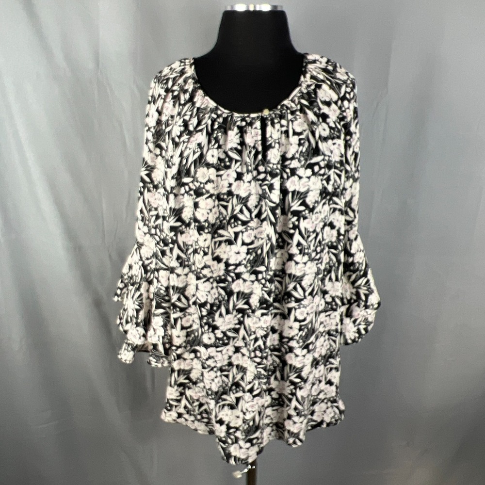 Chaps Peasant Blouse Top Womens XL Black White Floral Flowy Ruffle Bell Sleeves